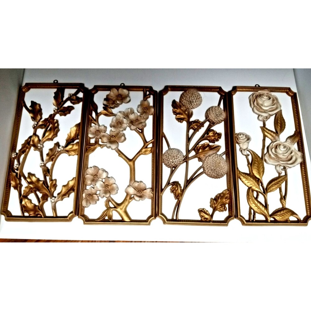 Vintage MCM Dart Ind 4 Seasons Wall Plaques Gold & White Roses Mum Holly Dogwood
